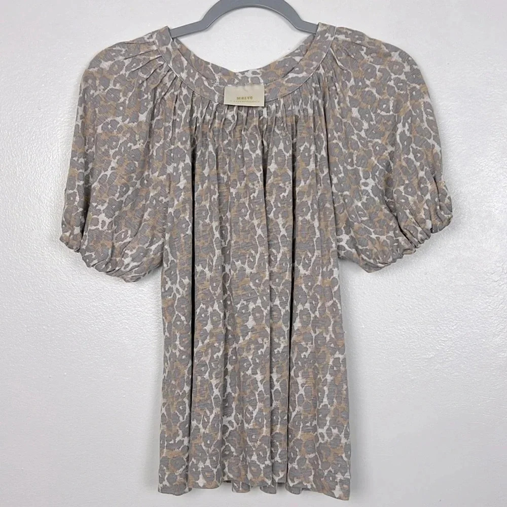 Maeve‎ Anthropologie Women’s XS Tan Linen Leopard Puff Sleeve Top